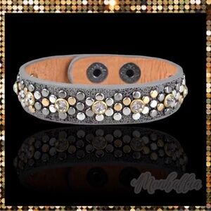 Gray Studded crystal leather stars edgy boho wrap cuff band biker bracelet